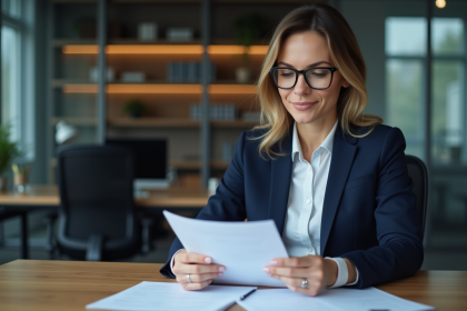 Femme d affaires en costume regardant des documents réglementaires