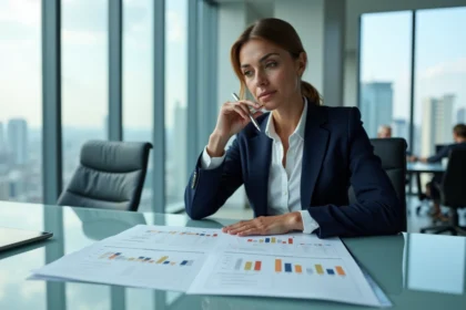 Femme d'affaires examine des matrices stratégiques dans un bureau moderne
