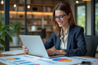 Femme d'affaires souriante analysant des graphiques marketing