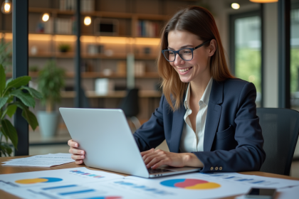 Femme d'affaires souriante analysant des graphiques marketing