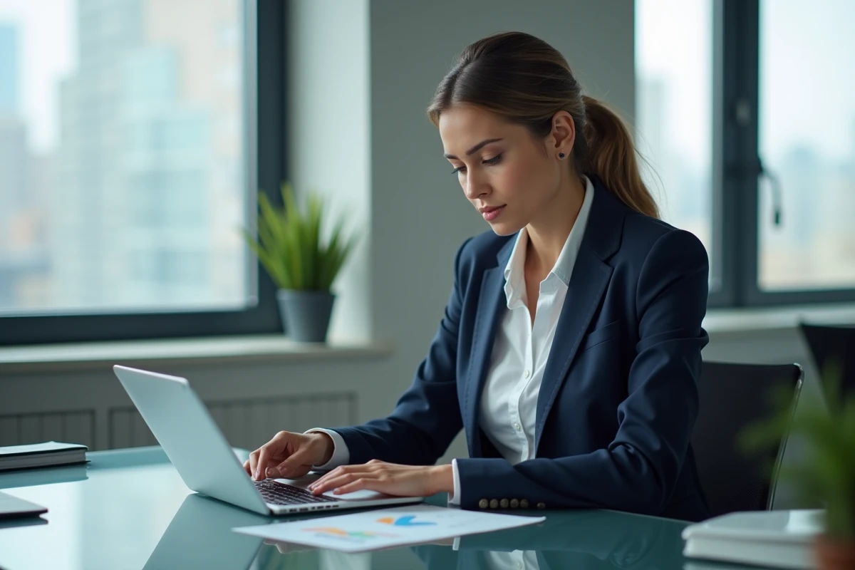 Femme d'affaires confiante examine des graphiques financiers