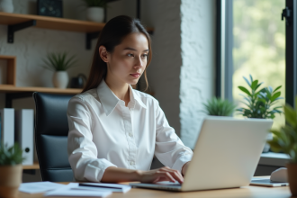 Jeune femme analysant des données de ventes sur un ordinateur