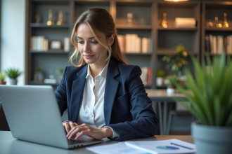 Femme professionnelle analysant des données marketing sur son ordinateur