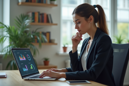Femme analysant des données marketing sur un ordinateur