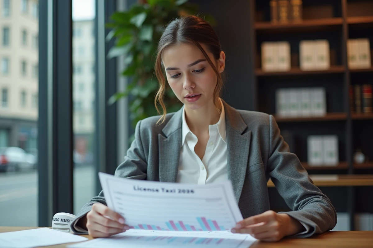 Jeune femme en bureau analysant un document taxi