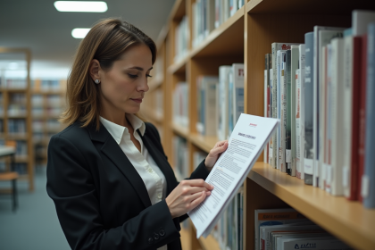Femme d affaires feuilletant des documents dans une bibliothèque moderne