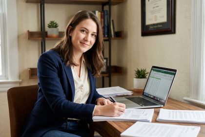 Jeune femme confiante en bureau à domicile