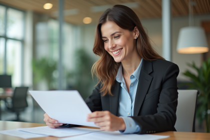 Femme confiante au bureau avec documents et sourire