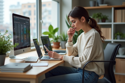Jeune femme au bureau moderne utilisant son ordinateur portable
