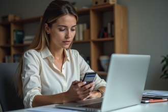 Femme au bureau regardant son email sur smartphone