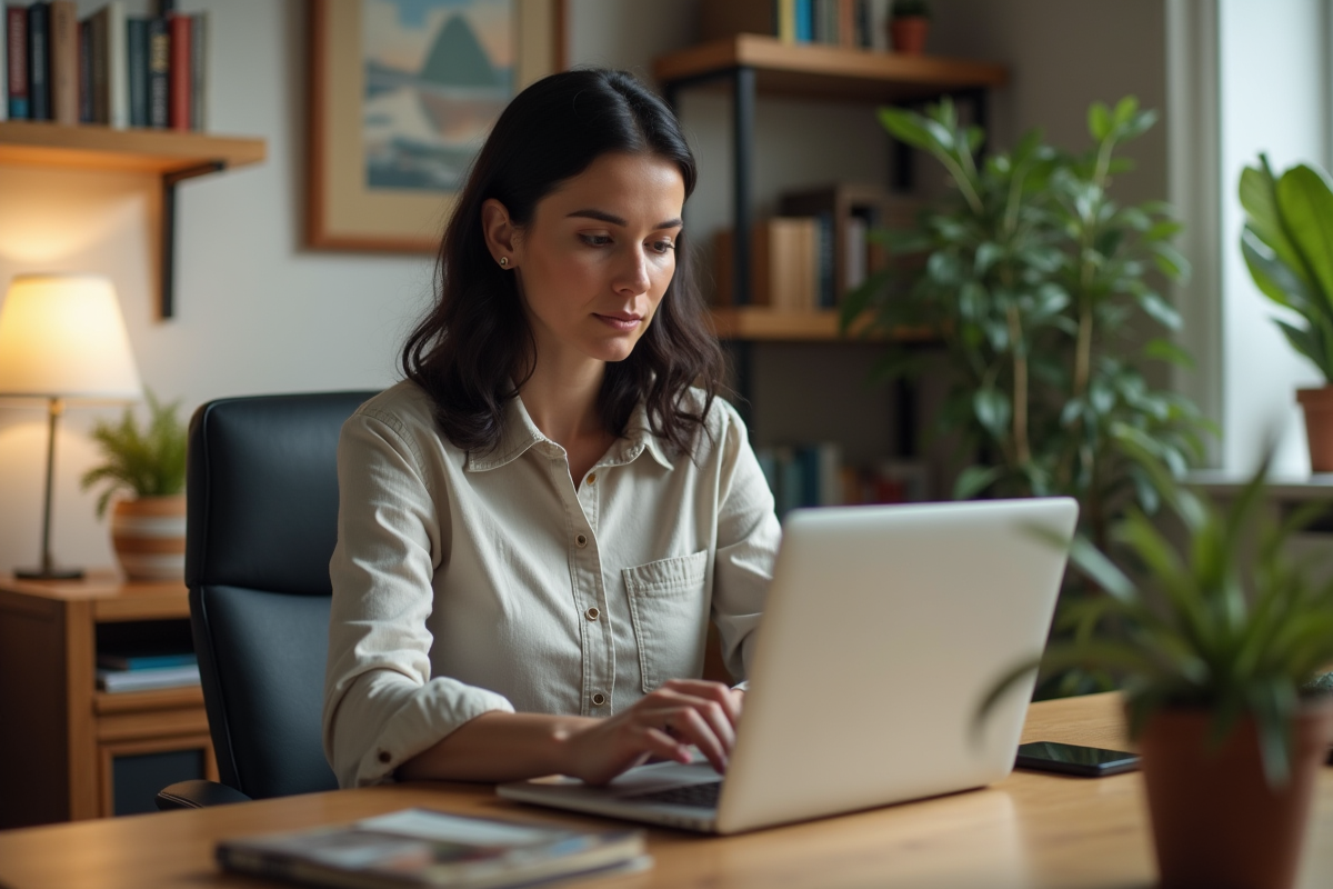 Femme d'âge moyen au bureau à domicile avec livres et plantes