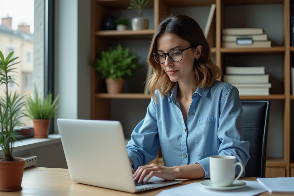 Femme concentrée travaillant sur son ordinateur dans un bureau à domicile