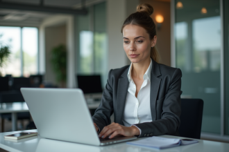 Femme professionnelle travaillant sur son ordinateur au bureau