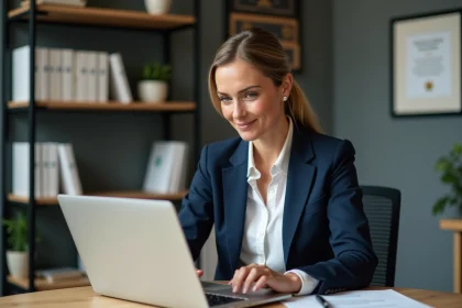 Femme professionnelle dans un bureau moderne avec livres juridiques