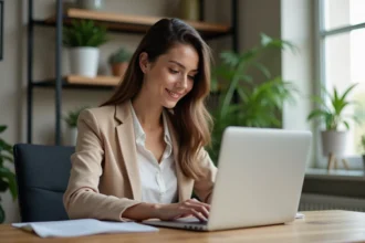 Jeune femme en bureau moderne travaillant sur son ordinateur