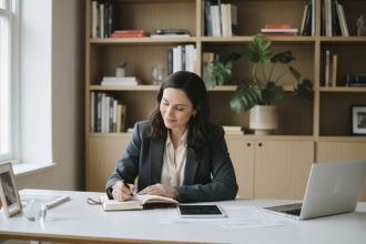 Femme en blazer dans un bureau moderne et lumineux
