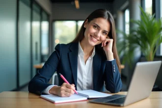Femme professionnelle au bureau en train d'écrire