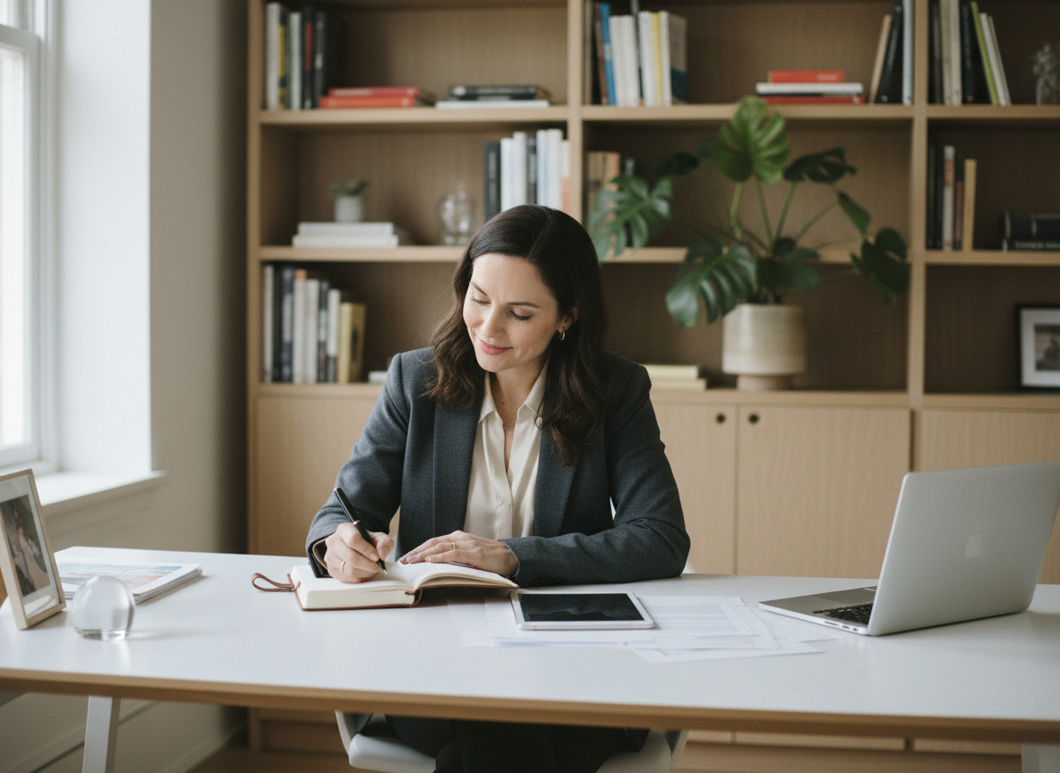 Femme en blazer dans un bureau moderne et lumineux