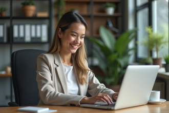 Femme souriante au bureau en environnement moderne