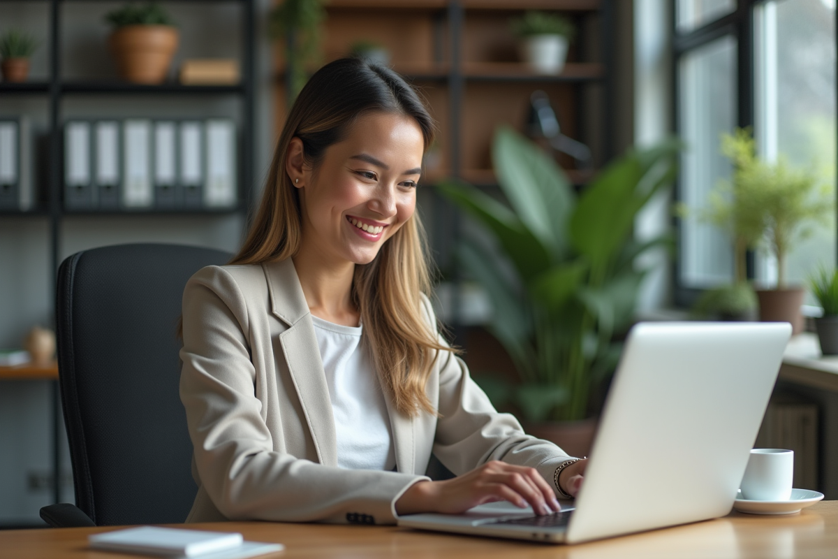 Femme souriante au bureau en environnement moderne