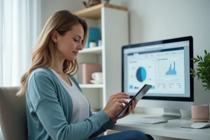 Femme d age moyen utilisant une tablette dans un bureau moderne