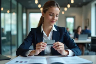 Femme cadre tenant une carte bancaire premium dans un bureau d'entreprise moderne