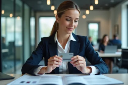 Femme cadre tenant une carte bancaire premium dans un bureau d'entreprise moderne