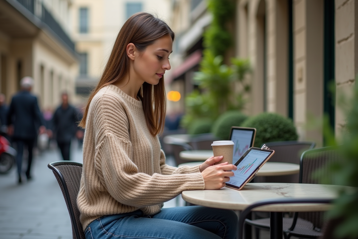 Jeune femme française au café avec tablette et café dans un décor parisien