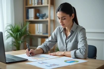 Femme concentrée qui vérifie des calculs de taux horaire sur des feuilles imprimées dans un bureau à domicile