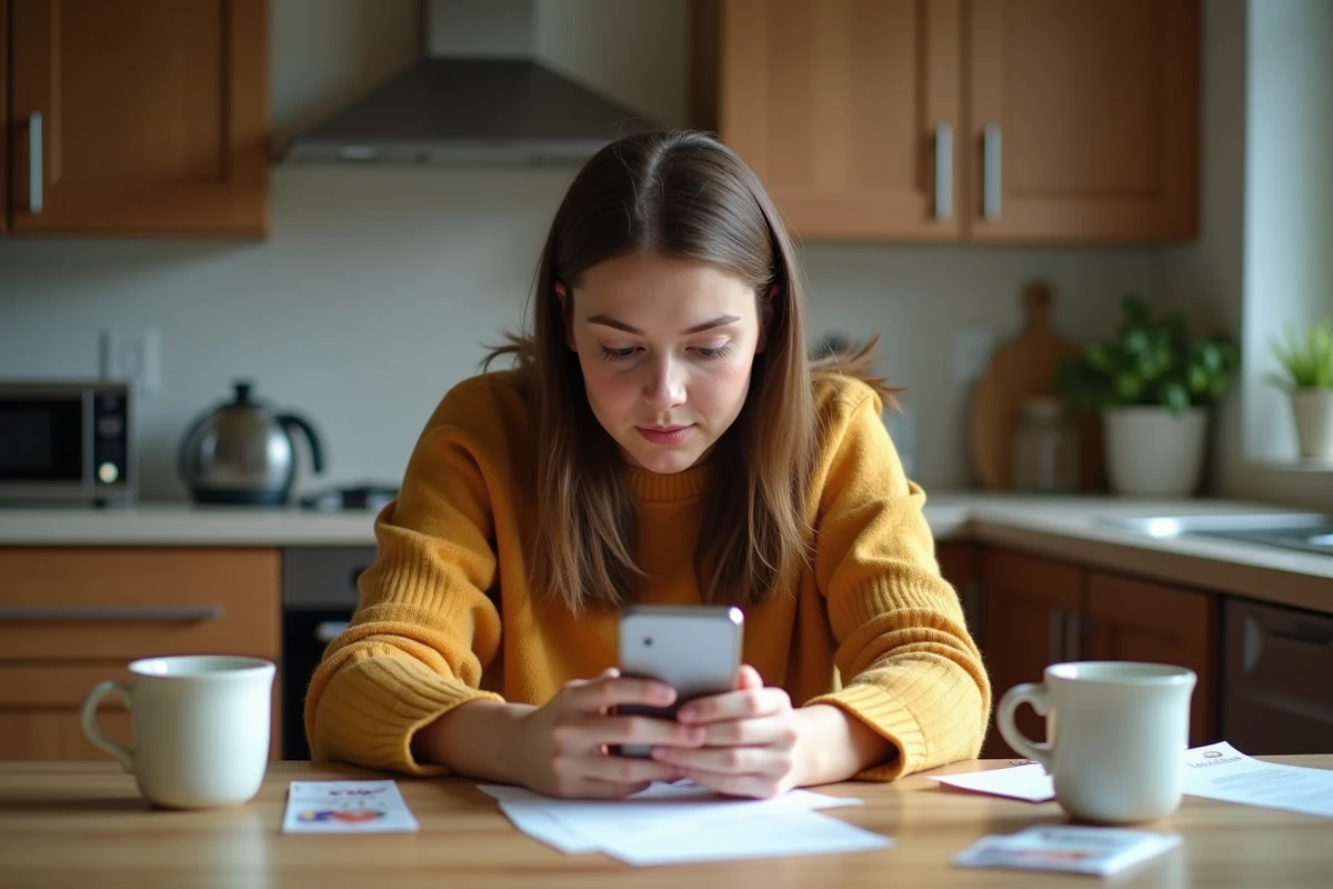 Jeune femme à la maison regardant son smartphone avec méfiance