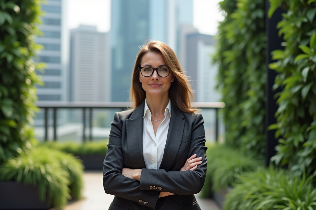 Femme CEO debout dans un jardin urbain sur un toit