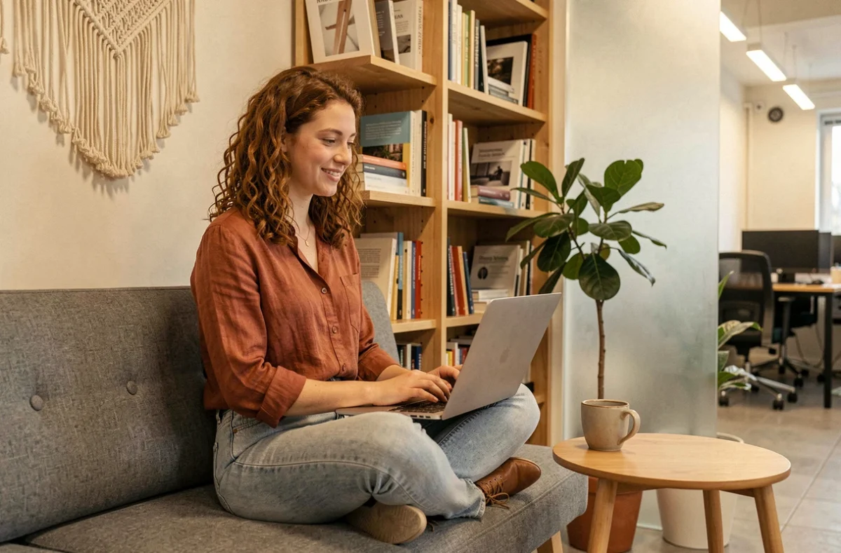 Jeune femme travaillant décontractée sur son ordinateur dans un coin détente d'un espace coworking à Challans