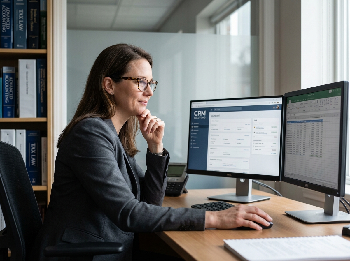 Femme comptable examinant des options CRM sur son bureau