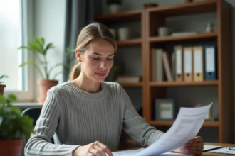 Femme consultant d'anciennes fiches de paie sur un bureau en bois dans un bureau à domicile