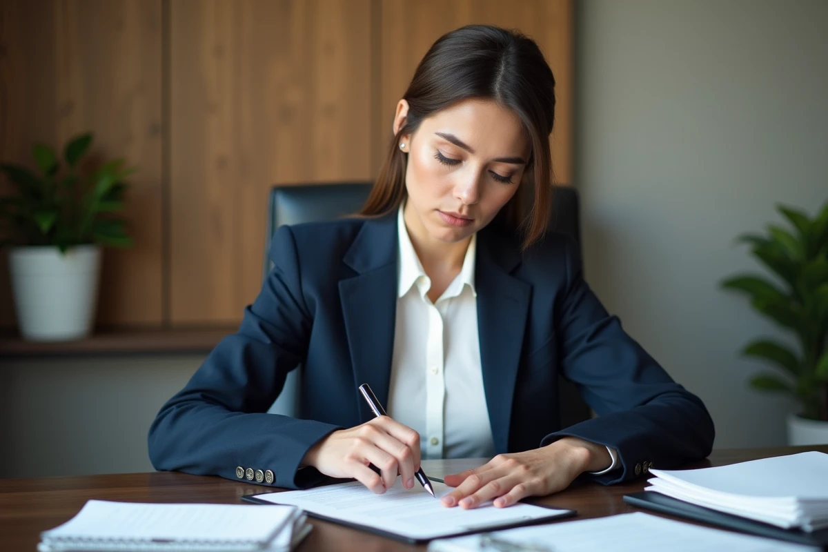 Femme d'affaires en bureau examinant un contrat