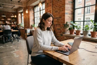 Femme travaillant sur son ordinateur dans un espace de coworking à Challans avec décor industriel en brique apparente