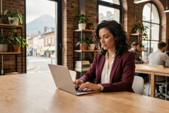 Femme travaillant dans un espace de coworking moderne à Clermont-Ferrand avec vue sur la ville