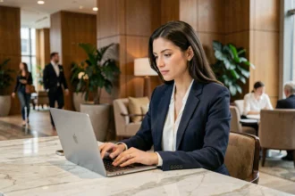 Femme professionnelle travaillant sur son ordinateur portable dans un espace coworking d'hôtel haut de gamme