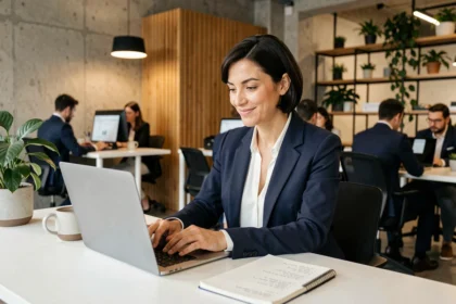 Femme professionnelle travaillant dans un espace de coworking moderne à Issy-les-Moulineaux avec murs en béton et plantes vertes