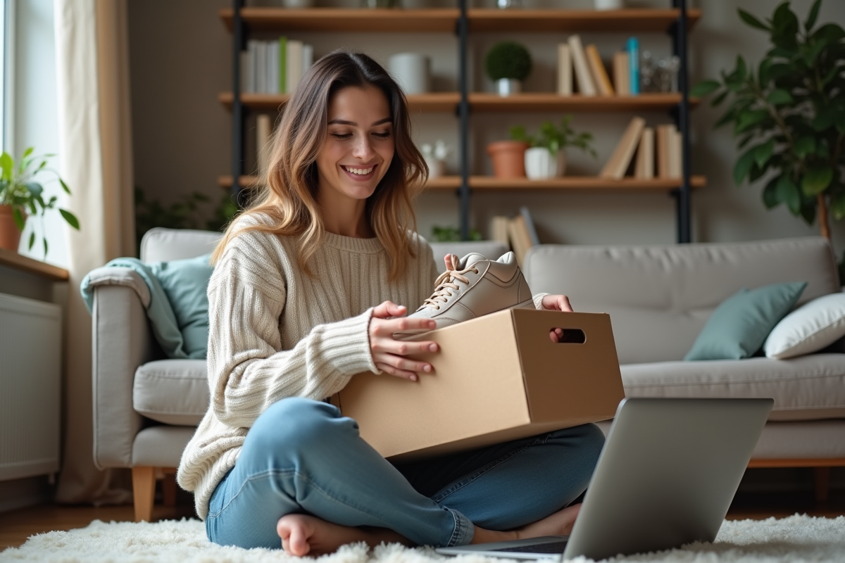 Femme emballant des sneakers dans une boîte à la maison