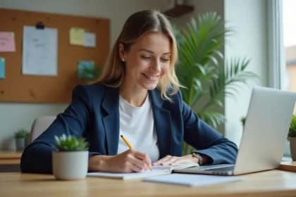 Femme entrepreneur créant son activité en ligne depuis son bureau à domicile avec un ordinateur portable