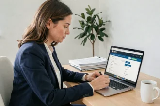Femme entrepreneur utilisant un guichet unique en ligne pour effectuer des formalités administratives de création d'entreprise