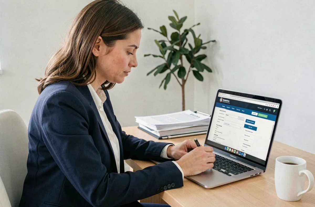 Femme entrepreneur utilisant un guichet unique en ligne pour effectuer des formalités administratives de création d'entreprise