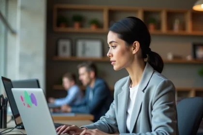 Femme entrepreneur utilisant une plateforme numérique d'entreprise Nexterprise sur ordinateur portable dans un espace de coworking moderne