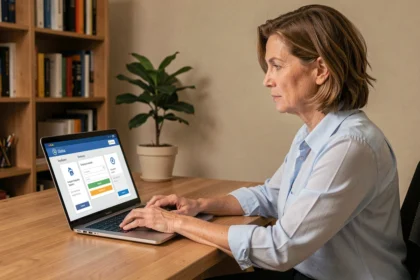Femme consultant son espace personnel en ligne sur un extranet de services à domicile pour accéder à ses bulletins de salaire