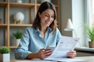 Femme professionnelle comparant une facture télécom papier avec son smartphone dans un bureau moderne