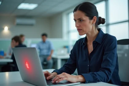 Femme frustrée devant un écran d'erreur de connexion Octime sur un ordinateur portable en open space