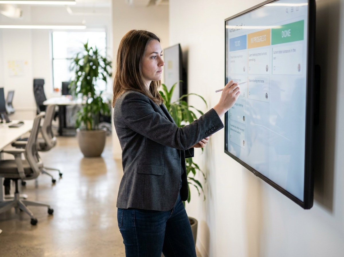 Femme gestionnaire mettant à jour un tableau kanban digital