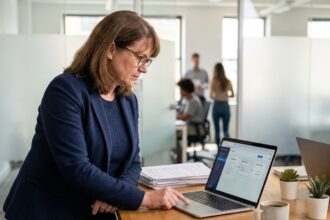 Femme concentrée utilisant un ordinateur portable pour une application nocode