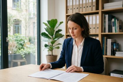 Femme indépendante comparant les documents de portage salarial et de micro-entreprise dans un bureau à domicile